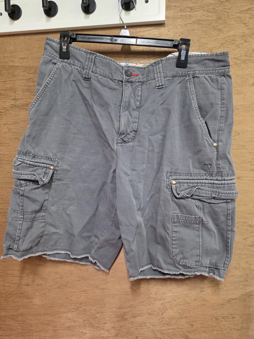 Vintage OP Men's Cargo Shorts in Washed Gray With Frayed Hem 36